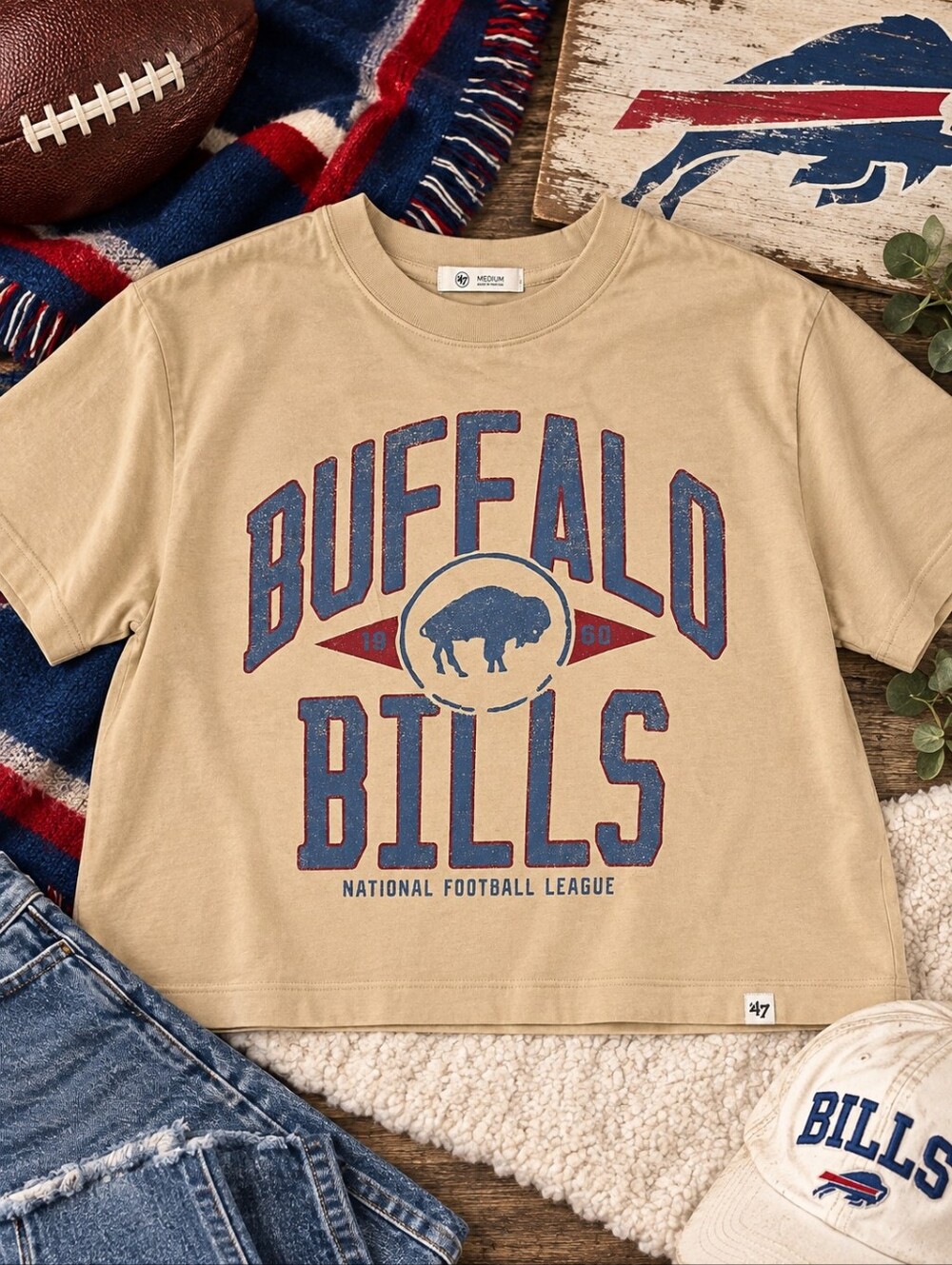 ’47 Buffalo Bills Crop Tee Women’s M Tan Distressed NFL Graphic Shirt